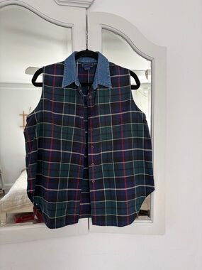 Charter Club Plaid/Denim Sleeveless Button-Up- Large